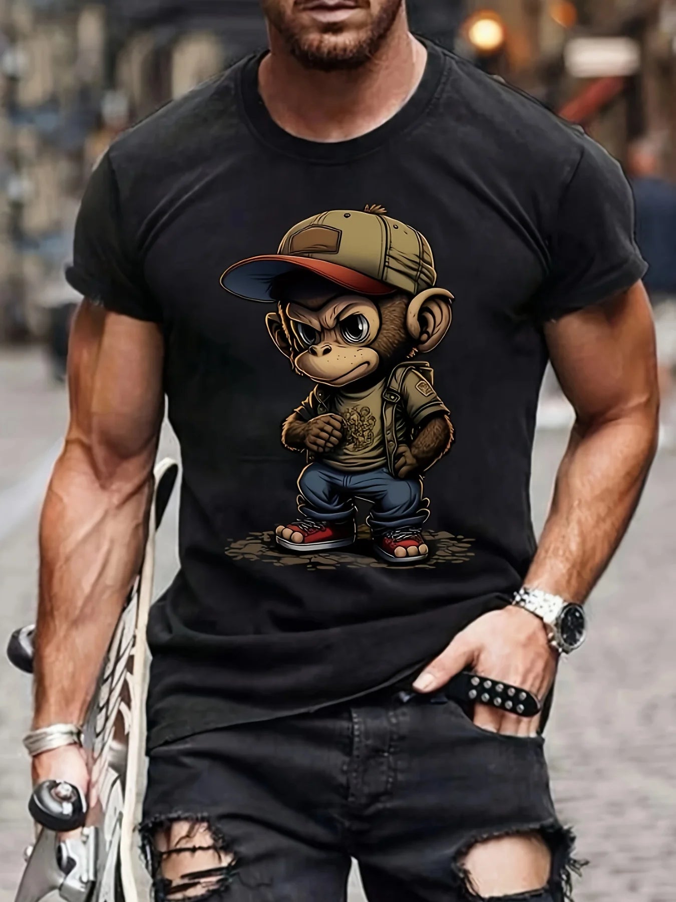 Men's summer 100% pure cotton fashionable sports casual loose cartoon monkey ready to travel 🧳 pattern printed round neck short sleeved T-shirt