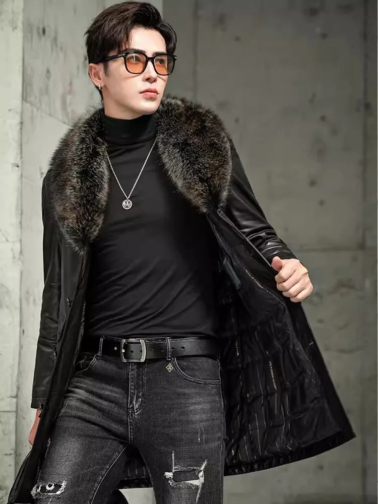 Men’s Luxury Sheepskin Leather Winter Coat – Mid-Long Business Trench with Fur Collar