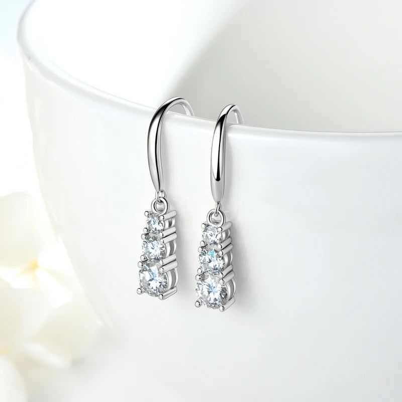 Lnngy Three Stone Moissanite Jewelry Set 925 Sterling Silver Pendant Necklace Dangle Earring For Couples Lovers' Wedding Gift