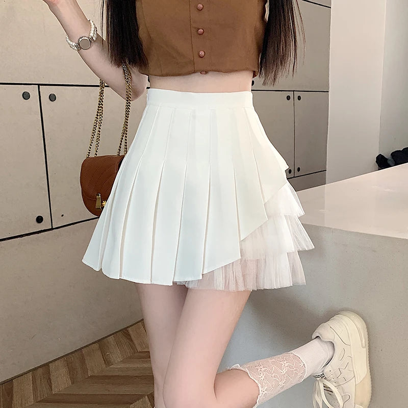Slimming A-Line Skirt for ort Women High Waist Pleated Commuter Sle Net Gauze f Body Skirts Fem Faion