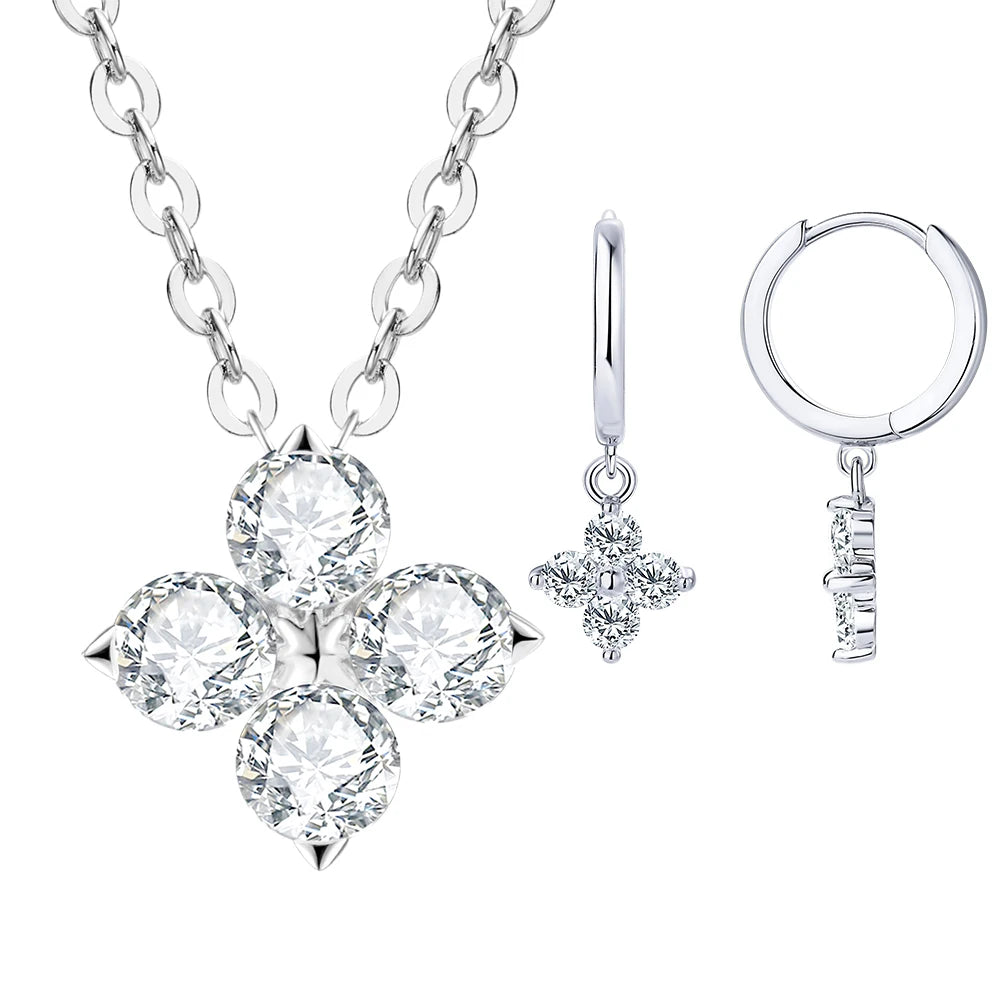 Lnngy Certifited 925 Sterling Silver Four Leaf Clover Earrings Jewelry Set For Women 3MM Moissanite Earring Pendant Necklace