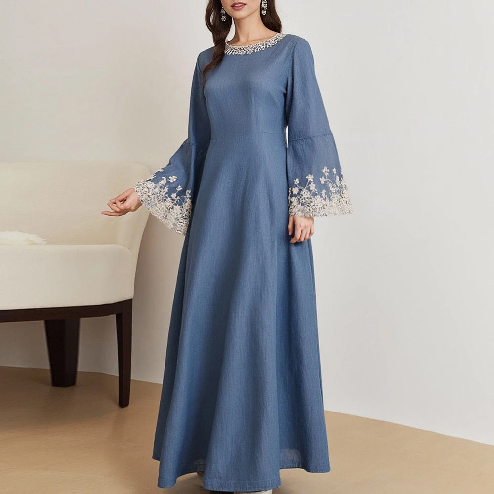 Rafiah Women's Solid Color
Dresses Summer Elegant Decent 2025 Long Sleeve Round-Neck Midi A Line Casual Long Dress