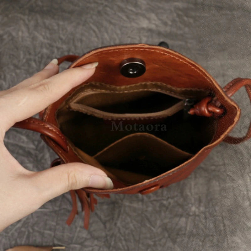 MOTAORA New Small Cowhide Women Shoulder Bag Casual Tassel Bucket Handbag Mini Genuine Leather Mobile Phone Crossbody Bag Purse