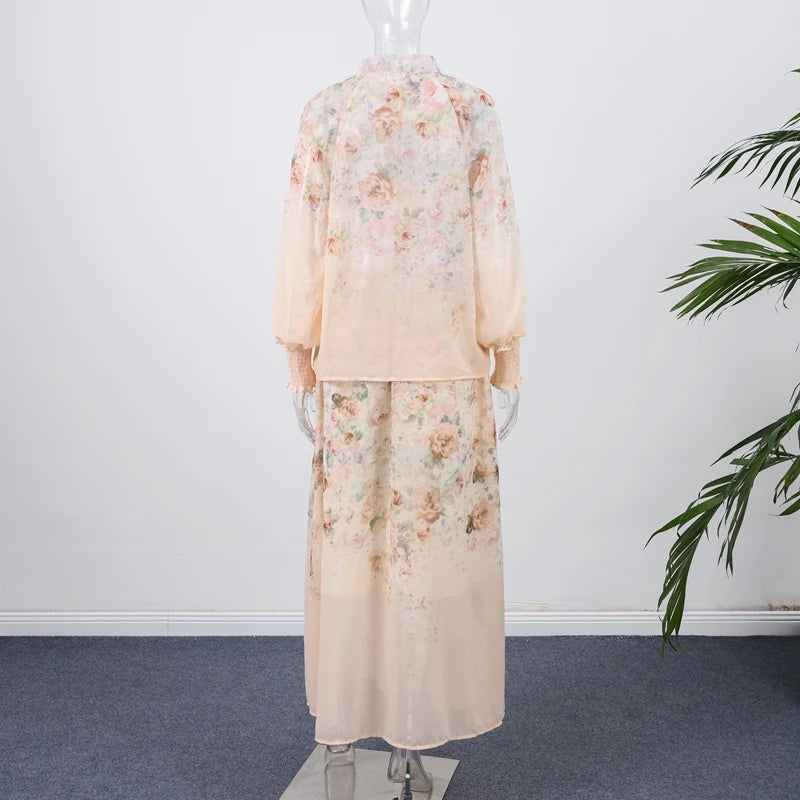 Floral Printed Two-Piece Skirt Set – Loose Full Sleeve Shirt & Pleated Maxi Skirt