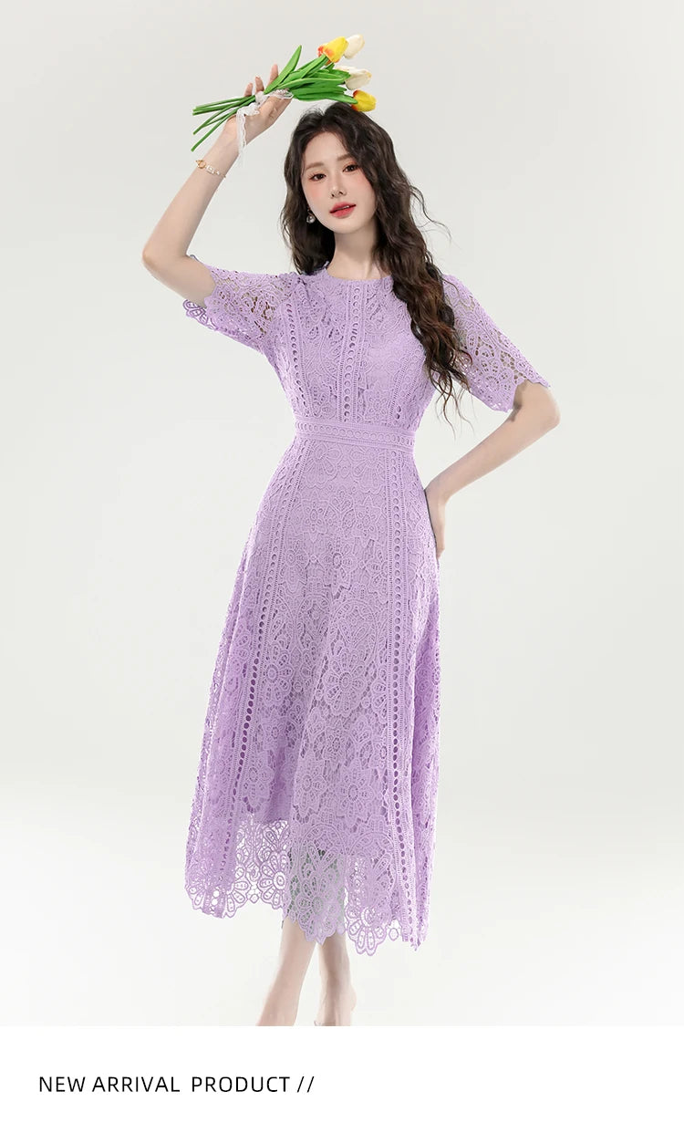 2025 New Summer French Elegant Fashion Evening Dress Women Lace Hollow Out Crochet Party Dress Casual Chic Holidays Clothing