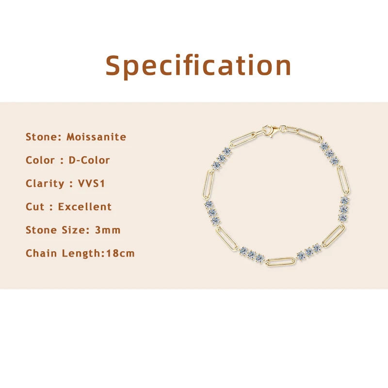 Lnngy Certified Round 3MM Moissanite Bracelet For Women 925 Sterling Silver Adjustable Chain Bracelets Fashion Hand Jewelry Gift