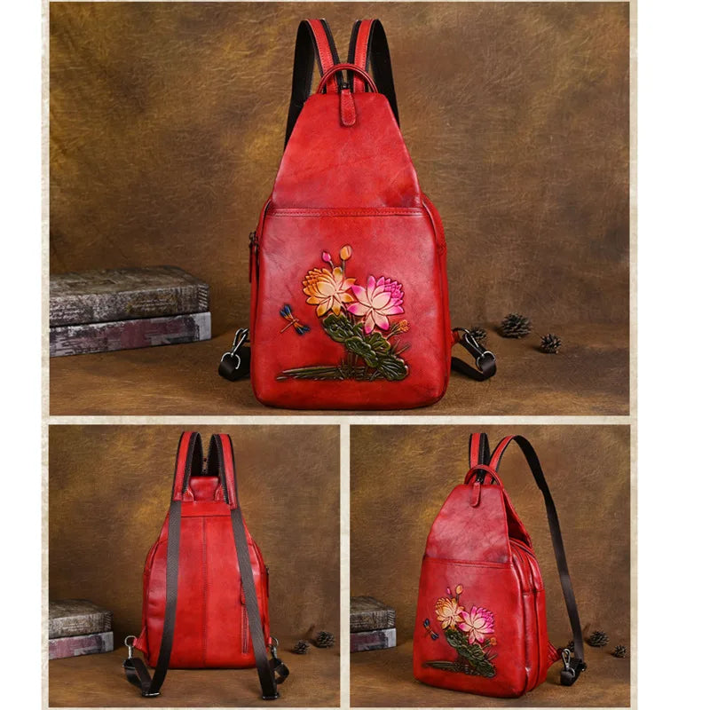 MOTAORA Genuine Leather Backpack Women Retro Embossed Cowhide Shoulder Bag Travel Backpack Casual Work & Luxury Purse
