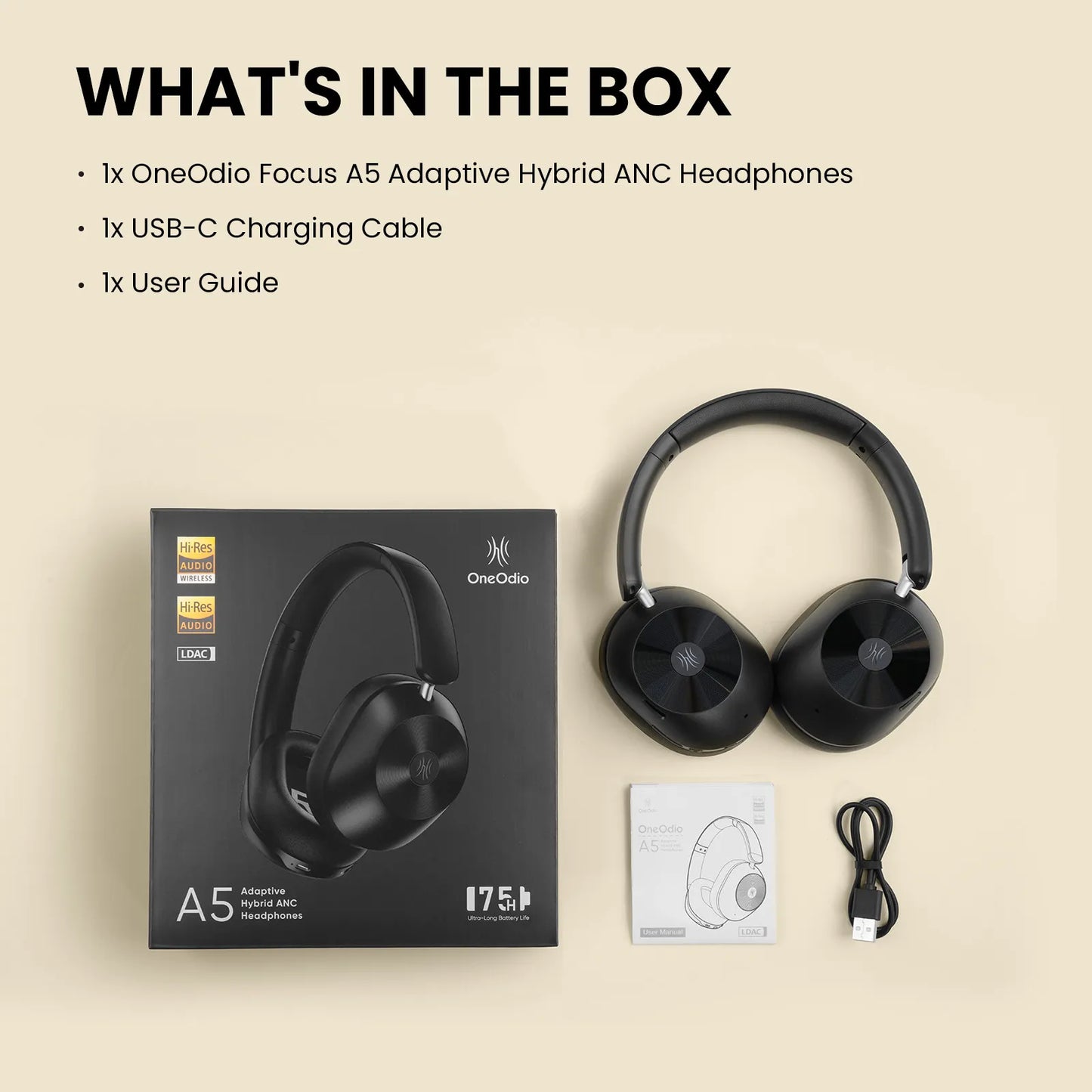 Oneodio A5 Bluetooth 5.4 Headphones 43dB Hybrid Active Noise Cancelling Over Ear Wireless Headset Hi-Res LDAC Audio With ENC Mic