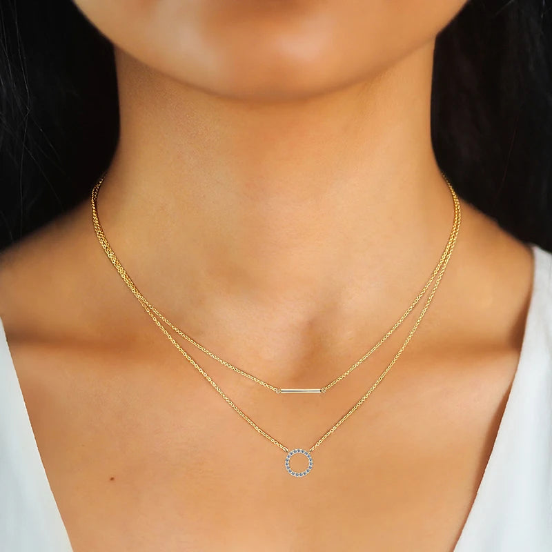 Lnngy Double Layer Chain Necklace For Women 925 Sterling Silver Moissanite Circel Pendant Necklaces Stud Earring Jewelry Set