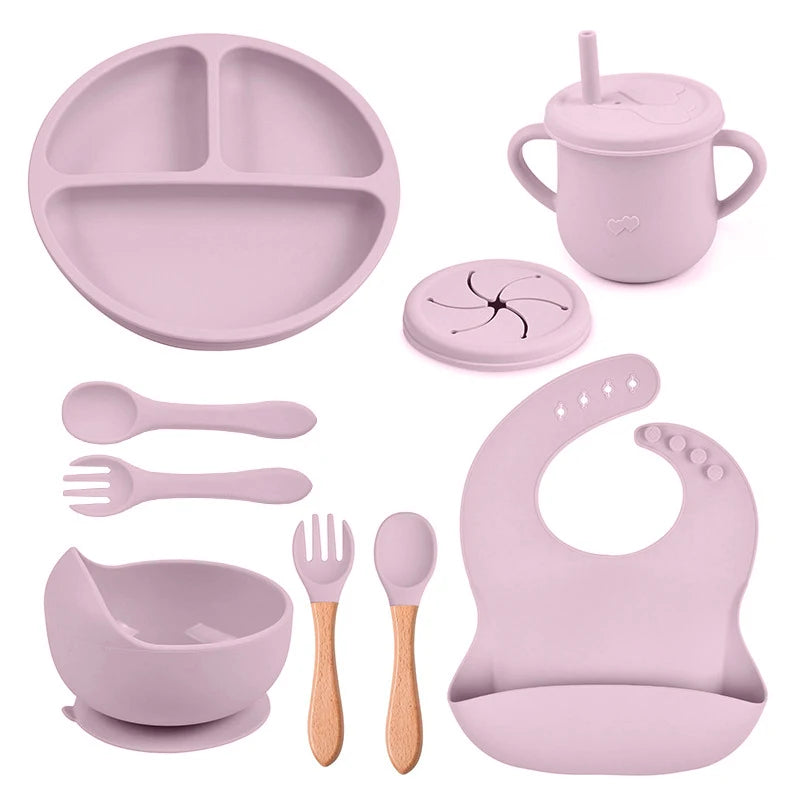 Mother Kids 8PCS Baby Silicone Feeding Set Bibs Sucker Dinner Plate Antislip Bowl Spoon Cup Children's Tableware Baby Stuff