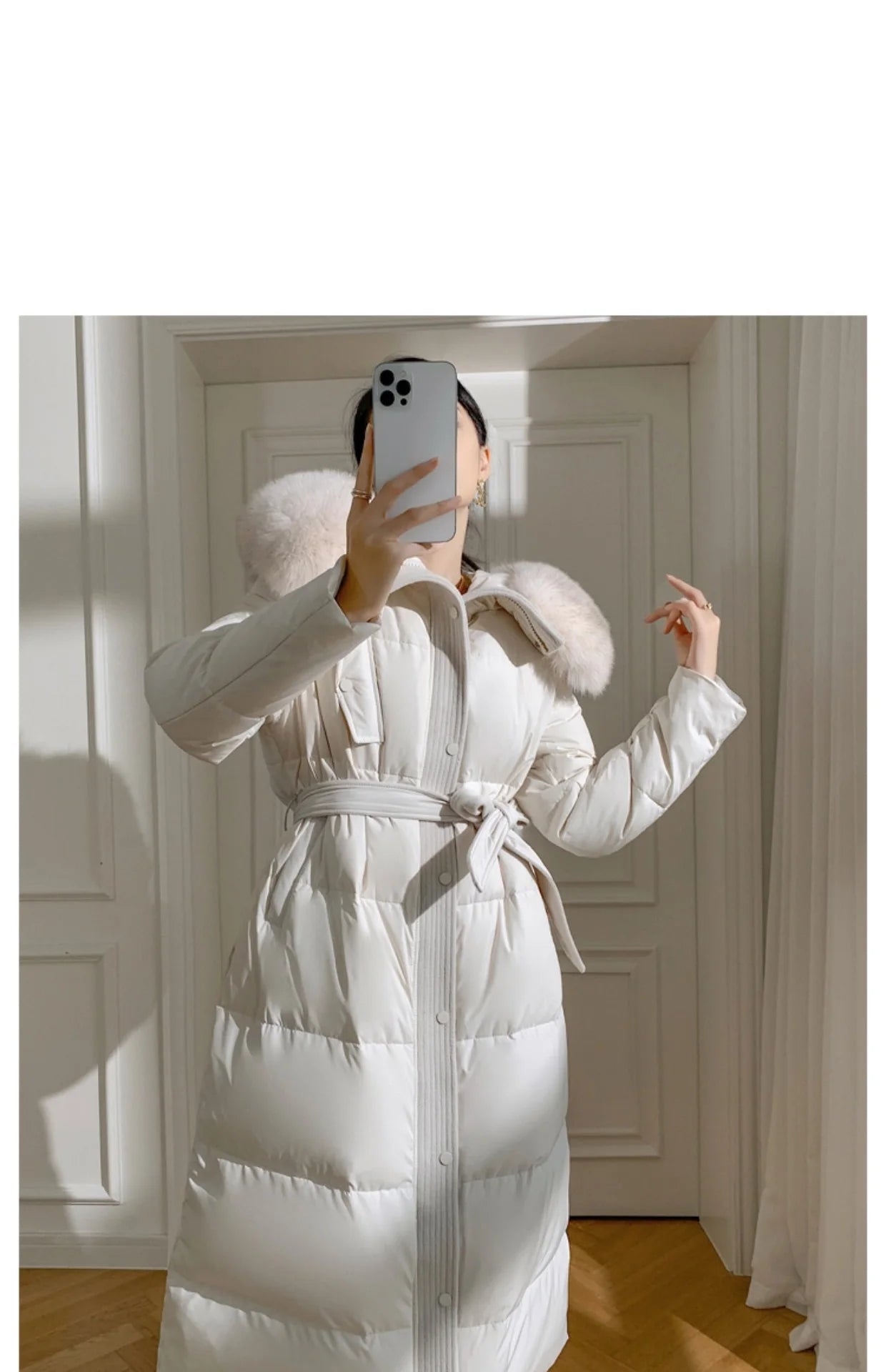 Women’s Luxury White Goose Down Coat – Hooded Long Jacket with Fox Fur Collar & Belt
