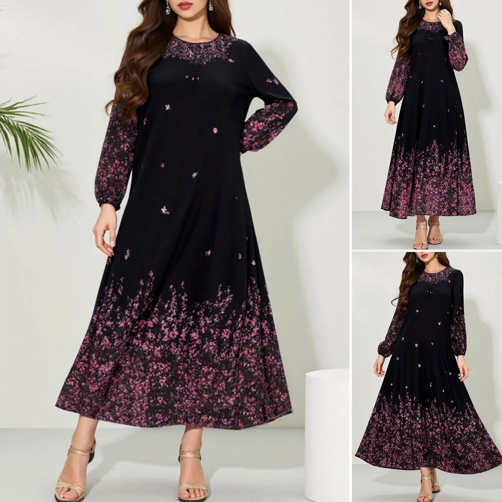 Rafiah Women's Fall Black Sequined Long Sleeve Maxi Dress with Polka Dots Elegant Evening Gown for Special Occasions