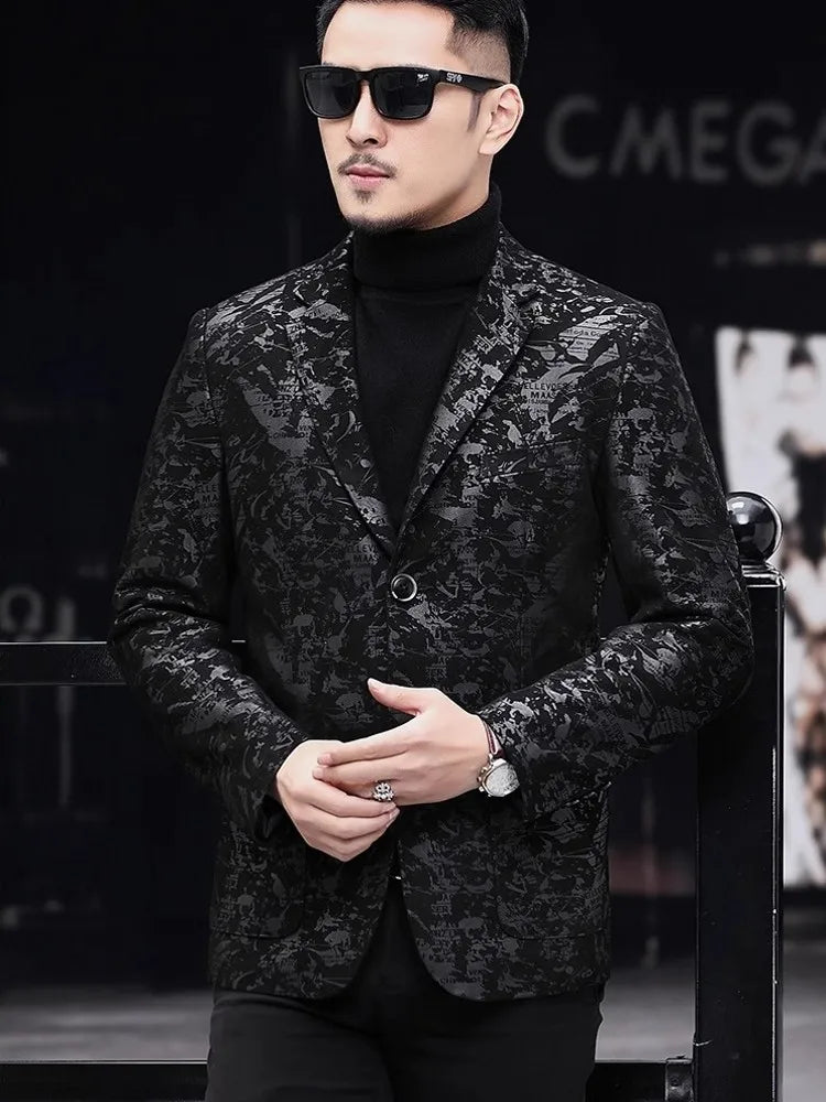 Business Men Work Slim Fit Real Sheepskin Genuine Leather Jacket Spring Autumn Floral Printed Single Breasted Blazer Suit Coat