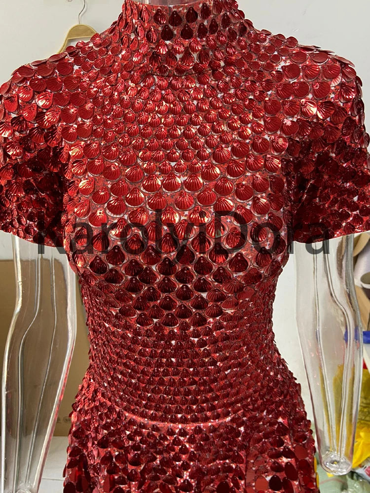 Sexy Black Shell Sequins Mini Dress Nightclub Dance High Quality Performance Clothing Bodysuit Birthday Red Dresses