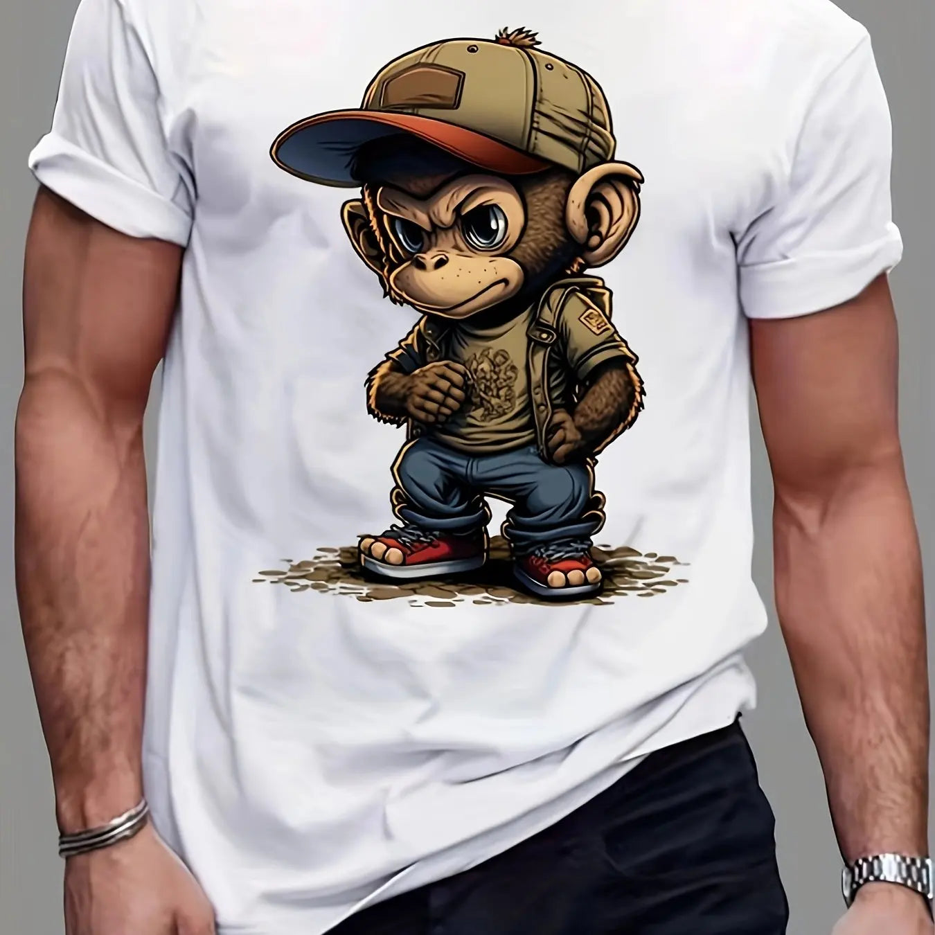 Men's summer 100% pure cotton fashionable sports casual loose cartoon monkey ready to travel 🧳 pattern printed round neck short sleeved T-shirt