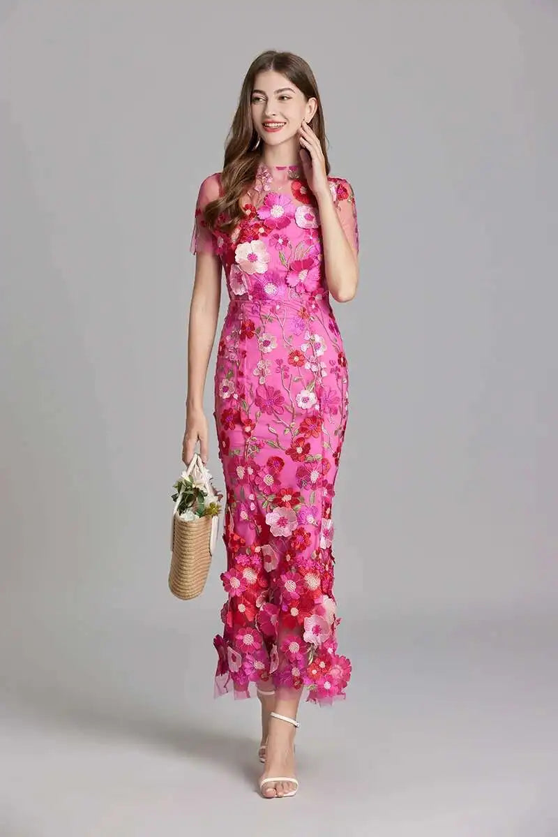 French Luxury 3D Flower Fishtail Lace Prom Dress – Women's Summer Short Sleeve Midi Evening Dress