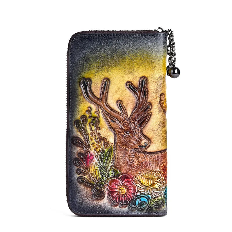 MOTAORA Vintage Women Long Wallets Deer Pattern Bag 2025 Genuine Leather Handmade Embossing Ladies Wallet Phone Bags Woman Purse