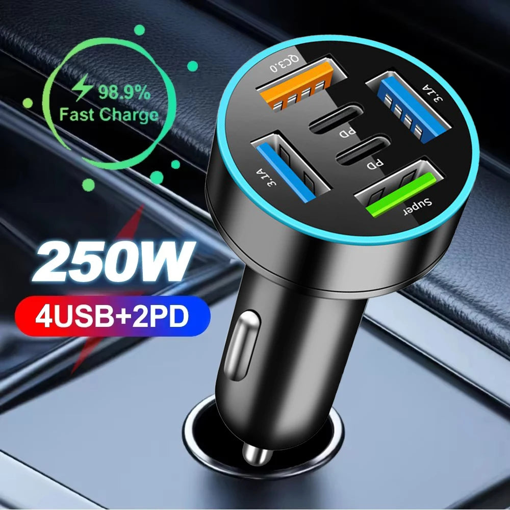 250W 5 Ports Car Charger Fast Charging PD QC3.0 USB C Car Phone Charger Adapter With Voltage For iPhone Samsung Huawei Xiaomi