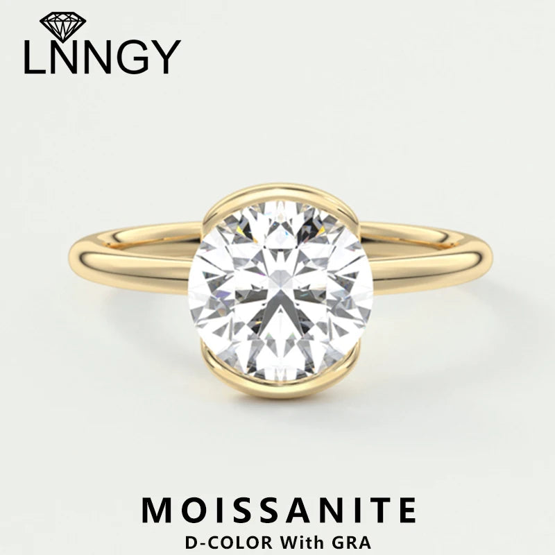 Lnngy 6.5MM 1CT Half Bezel Moissanite Ring for Women Exquisite 925 Sterling Silver Solitaire Engagement Rings Jewelry Gift