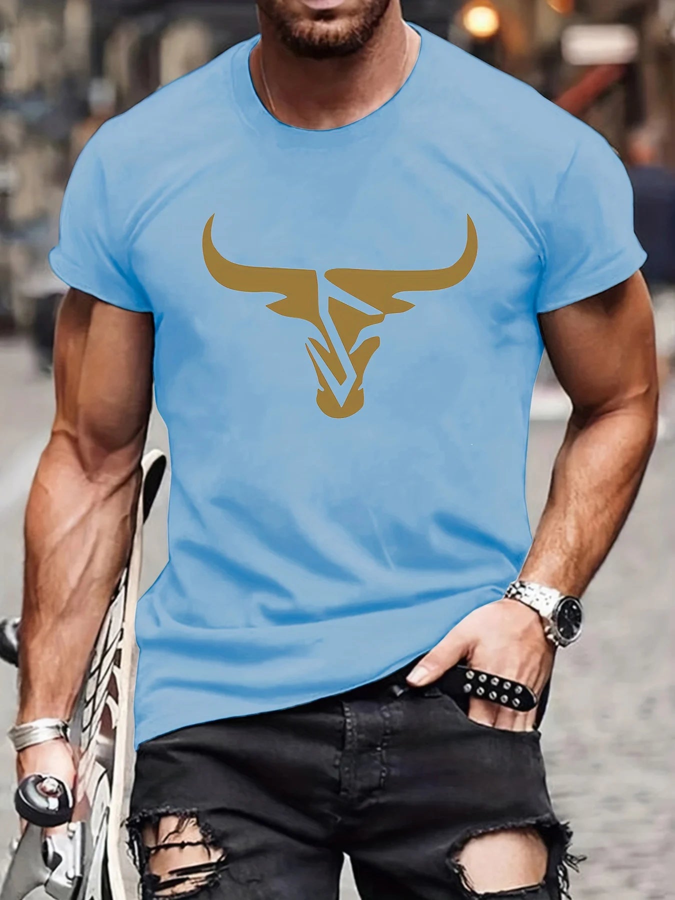 Summer men's 100% pure cotton casual loose fit plus size bull pattern printed comfortable round neck short sleeved T-shirt top