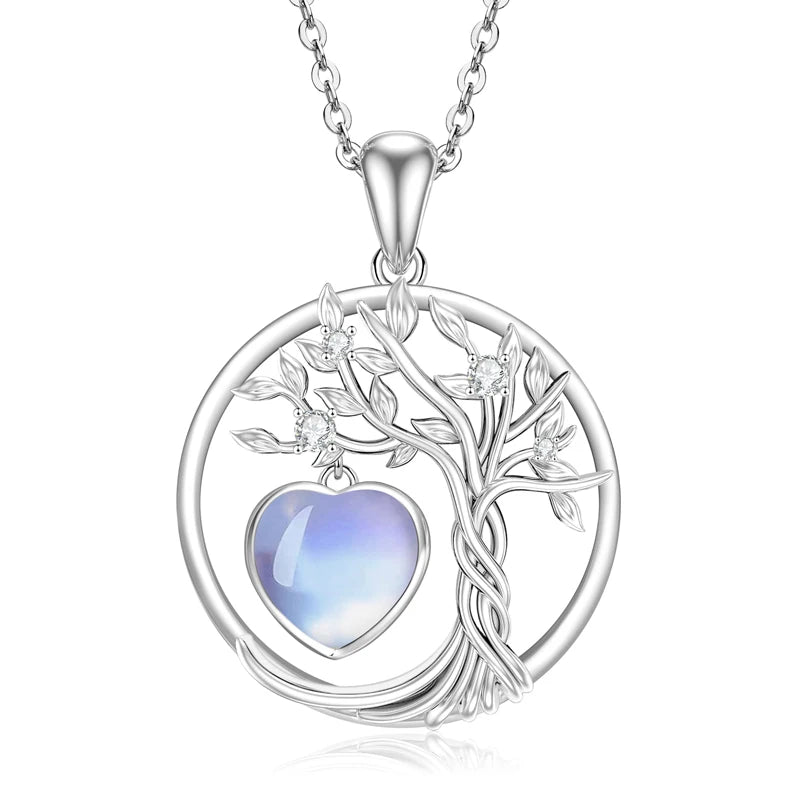 Lnngy 925 Sterling Silver Tree of Life Circle Pendant Necklace Colorful Birthday Stone Necklaces Jewelry for Women Daily Gift