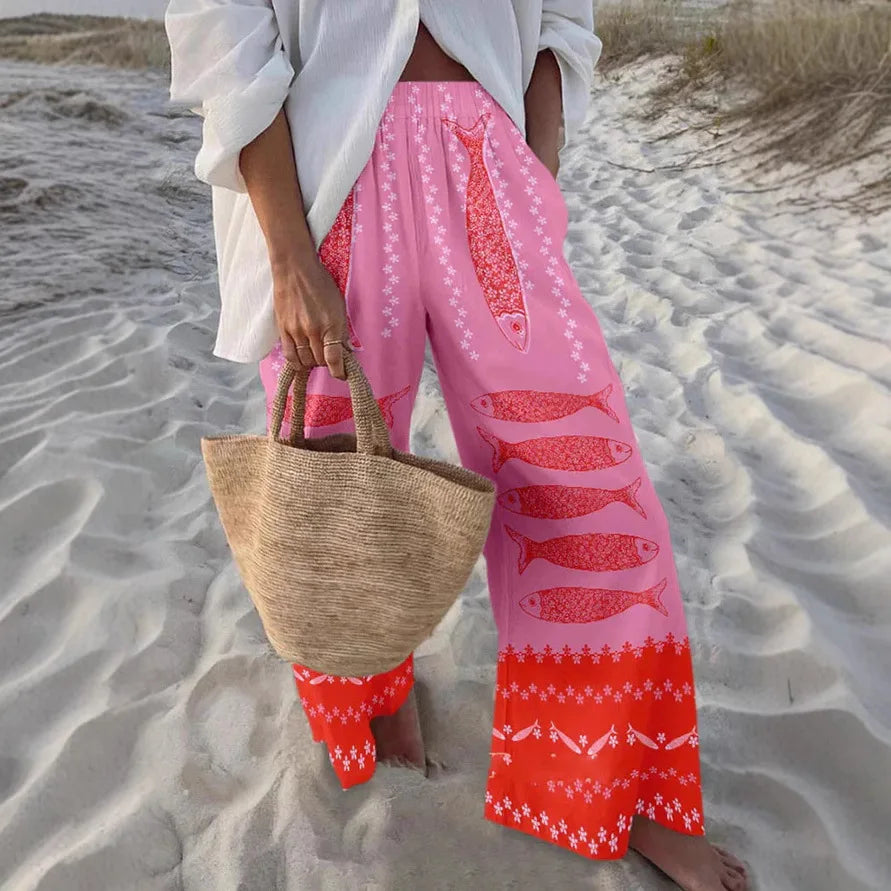Ladies Beach Pants High Quality Pure Cotton Fabric Blue Fish Graphic Printing Chic Trend Fashion New Loose Wide Leg Trousers