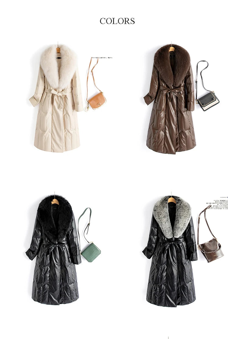 New Women Winter Leather Down Coat Fashion Real Fox Fur Collar Slim Waist Long Leather Coat Casual Thick Warm Overcoat