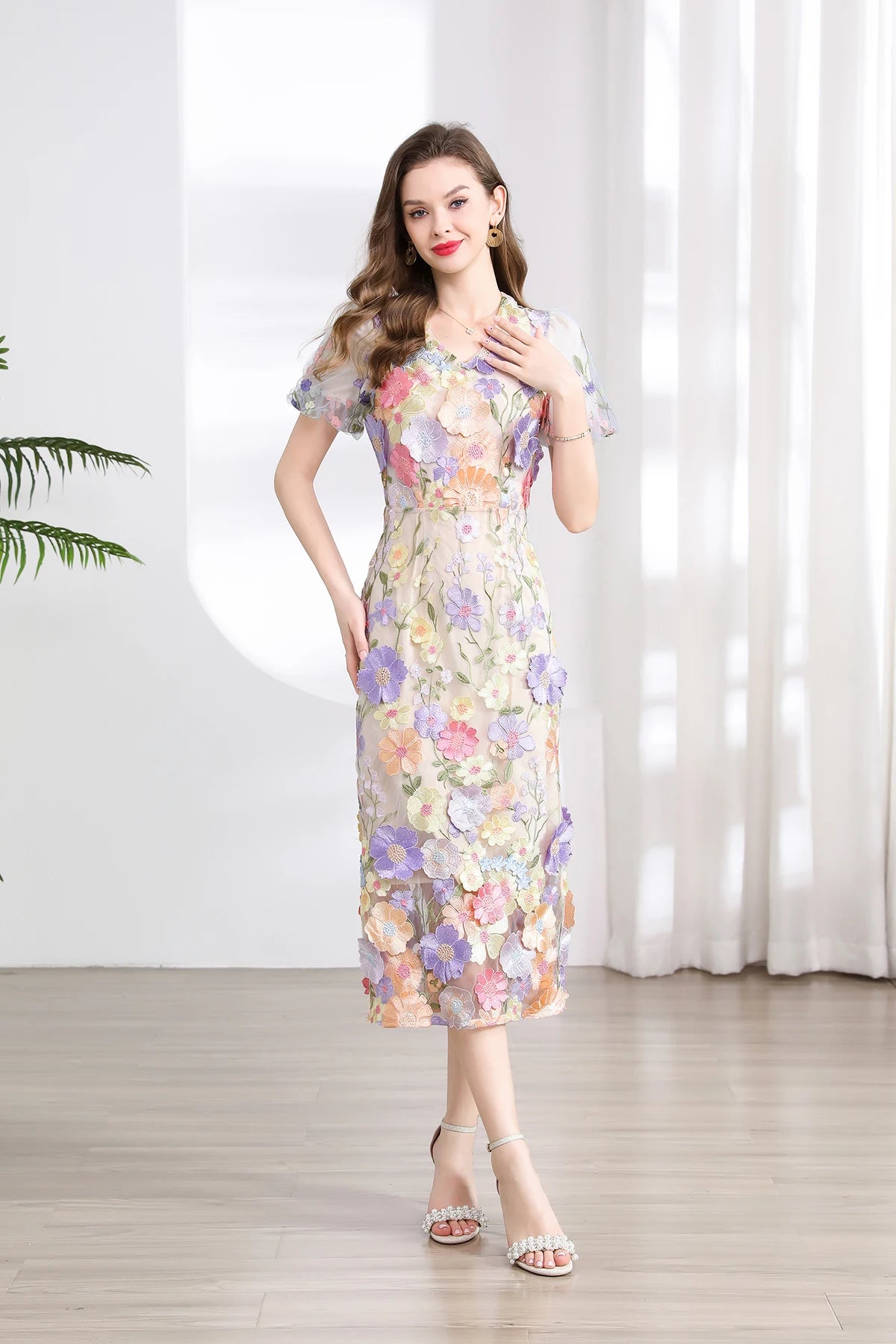 Summer High-end Embroidery Lace Prom Dress Women French Luxury 3D Flower Short Sleeve Long Dress Party Bodycon Holiday Vestido