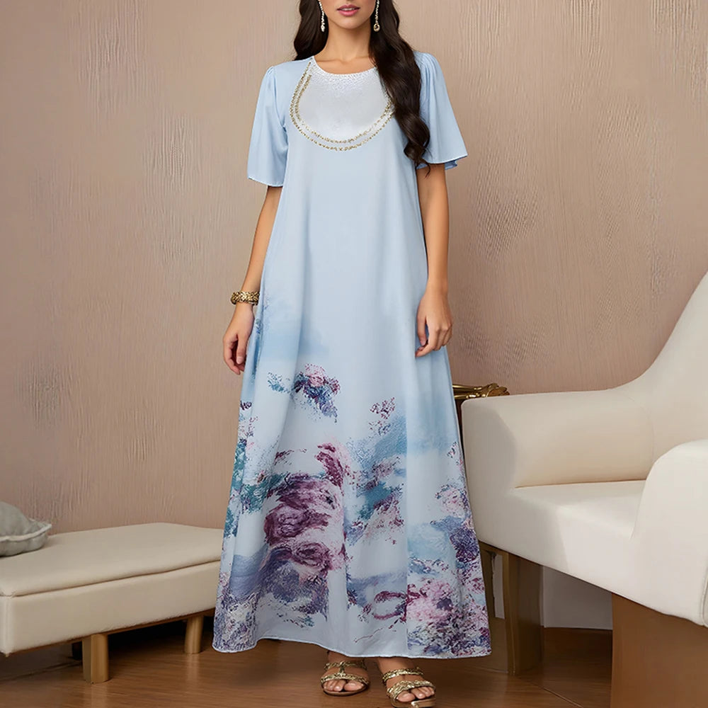 Rafiah Women's Long Dresses Summer Elegant 2025 Tie Dye Muslim Short Sleeve Round Neck A-Line Midi Vacation Dresses
