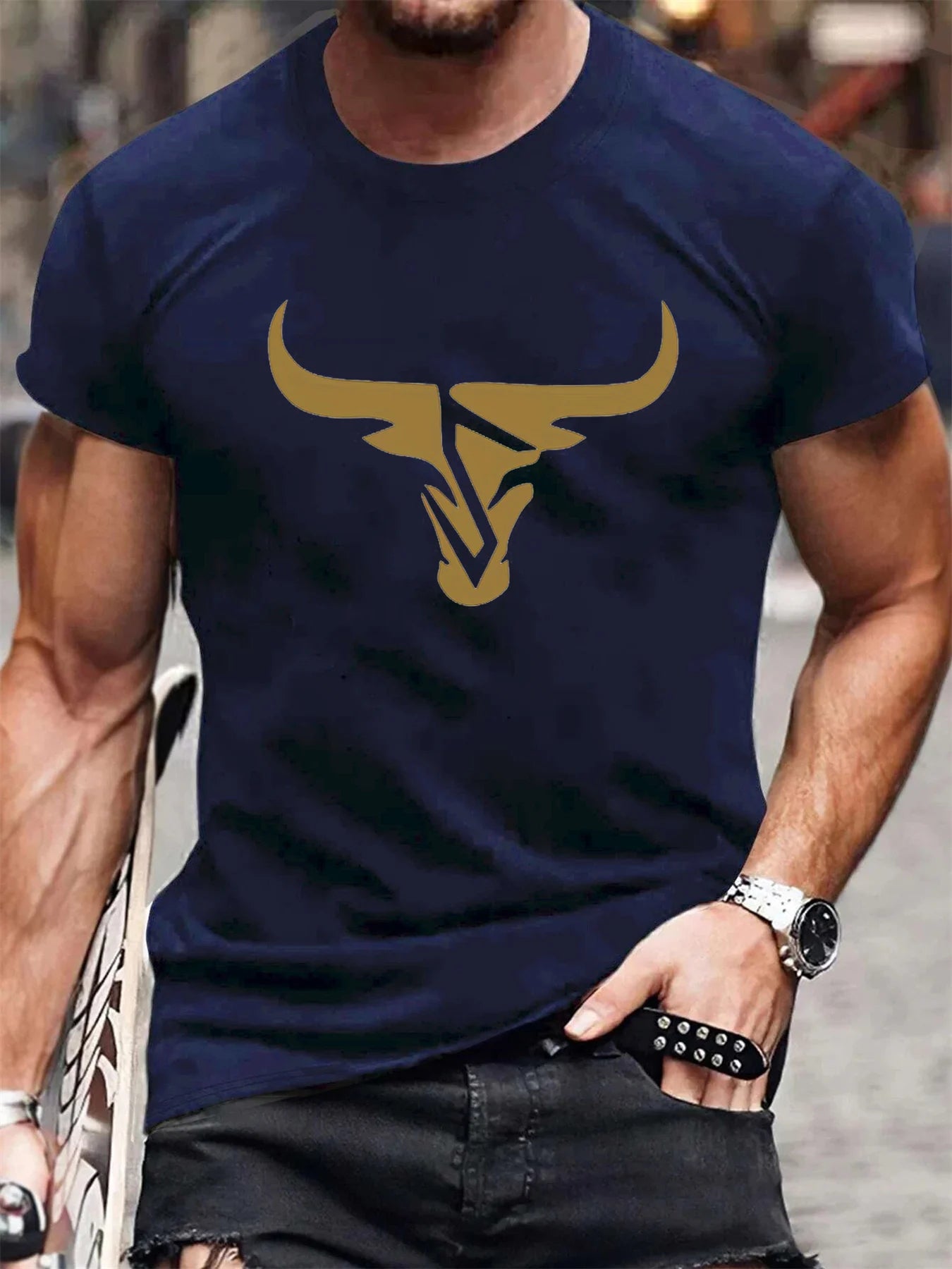 Summer men's 100% pure cotton casual loose fit plus size bull pattern printed comfortable round neck short sleeved T-shirt top