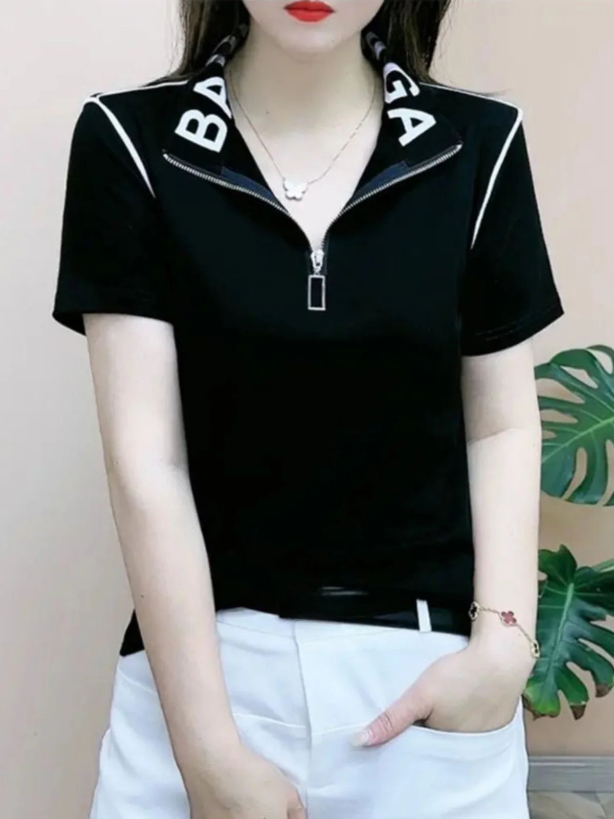 ort Sve T-irt Women's Summer New Faion irt Zipper Collar Mom's Clothes Anti-Aging Base Layer Top Polyester Fiber