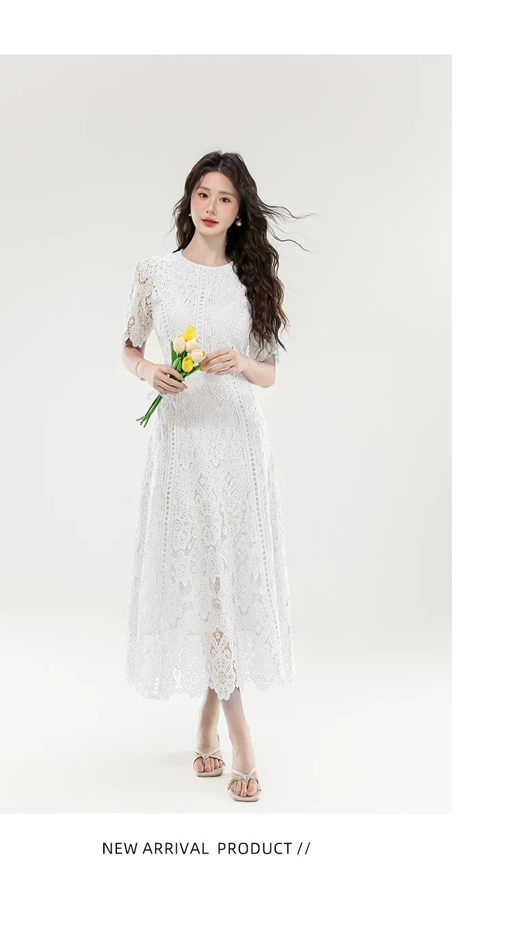 2025 New Summer French Elegant Fashion Evening Dress Women Lace Hollow Out Crochet Party Dress Casual Chic Holidays Clothing