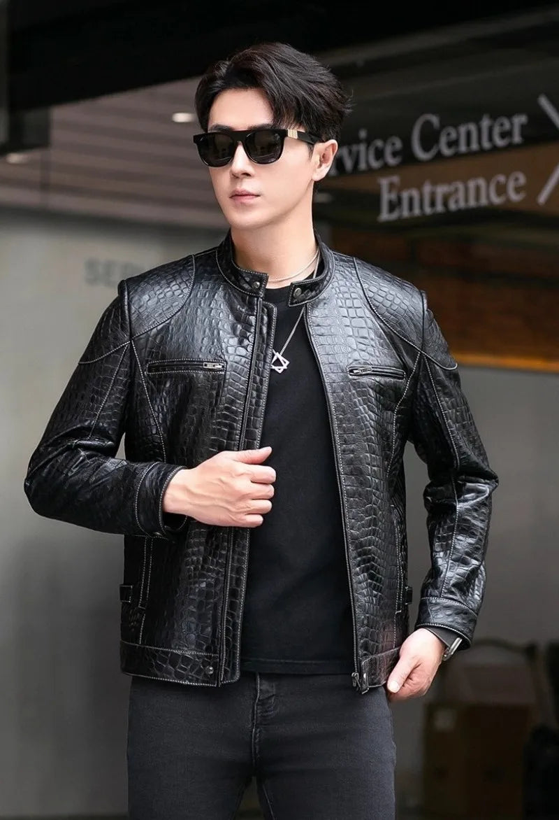 Males Luxury Natural Sheepskin Crocodile Pattern Jacket Stand Collar Slim Fit Straight Autumn Genuine Leather Motorcycle Jackets