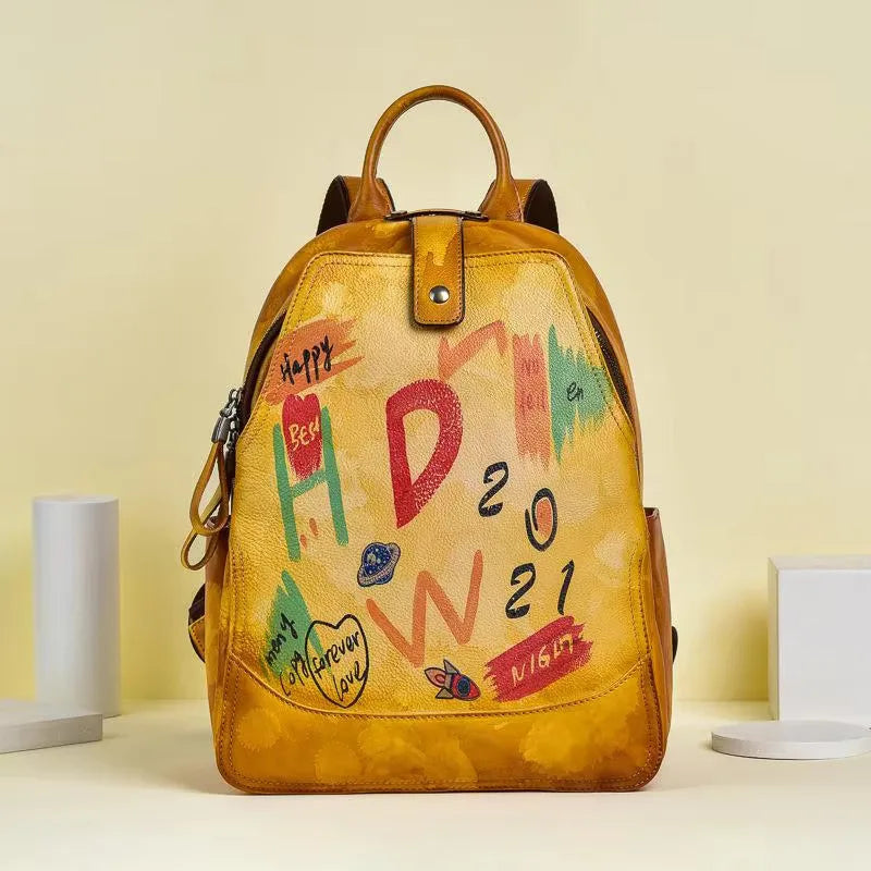 MOTAORA 2025 New Retro Genuine Leather Backpack For Women Hand-painted Graffiti Design Cowhide Travel Bag For Everyday Use