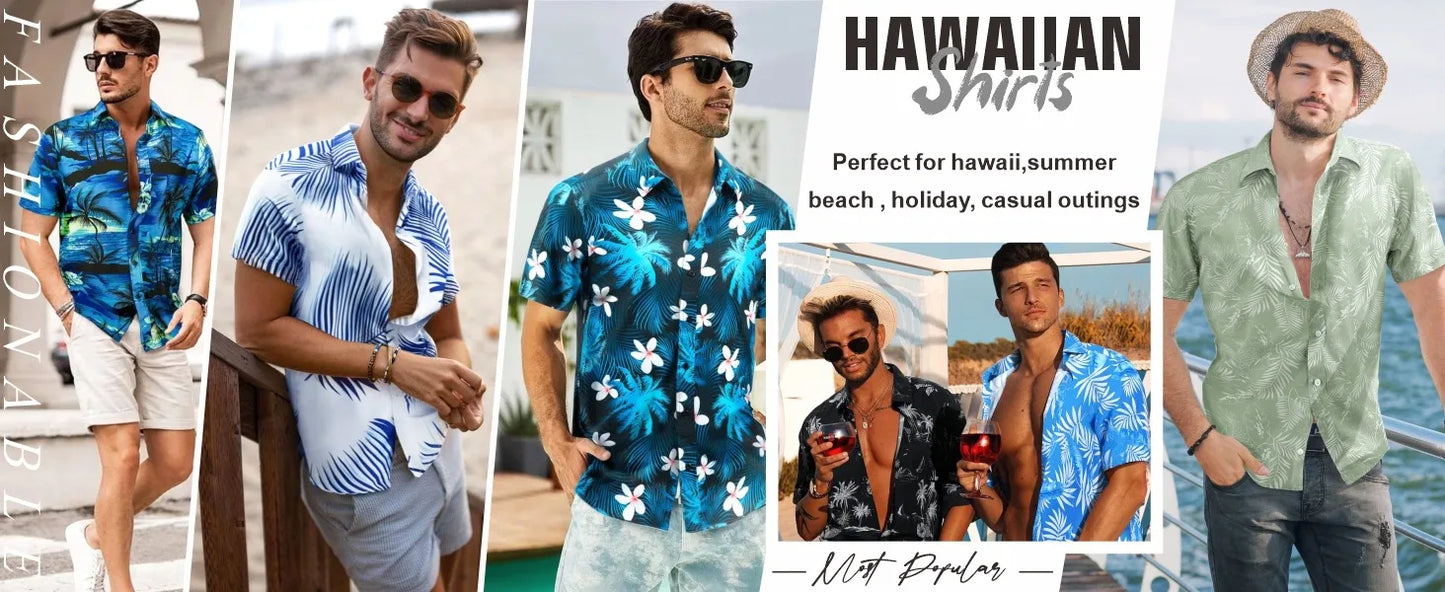 American casual full-print shirt men's Hawaii beach travel vacation short-sleeved shirt handsome casual Japanese style