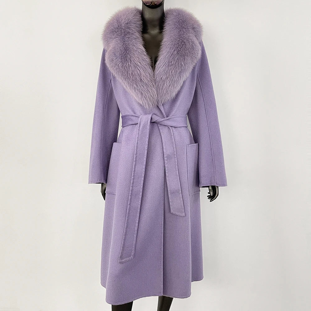 GENHUA 2025 New Casual Fur Coat for Ladies Winter Wool Long Fur Ladies Natural Real Fox Fur Collar Jacket for Ladies Warm Coat