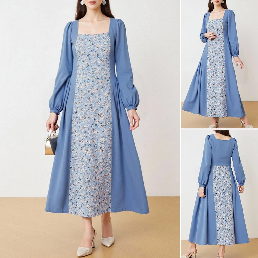 Rafiah Autumn Arabian Long Dress 2025 Fashion Casual Contrast Color Ditsy Floral Long Sleeve A-Line Dress For Women