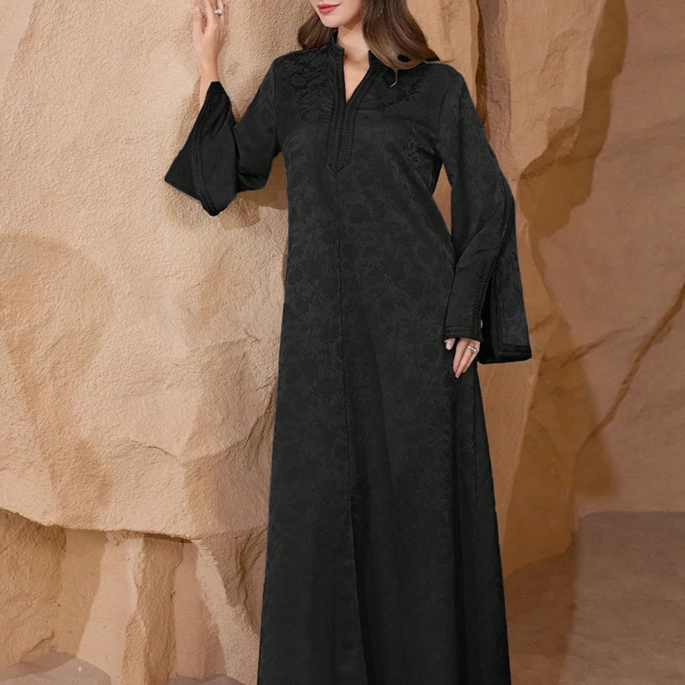 Rafiah Summer Dresses 2025 Women's Plain Long Sleeve Half Open Collar A-Line Draped Basics Midi Arabian Dress