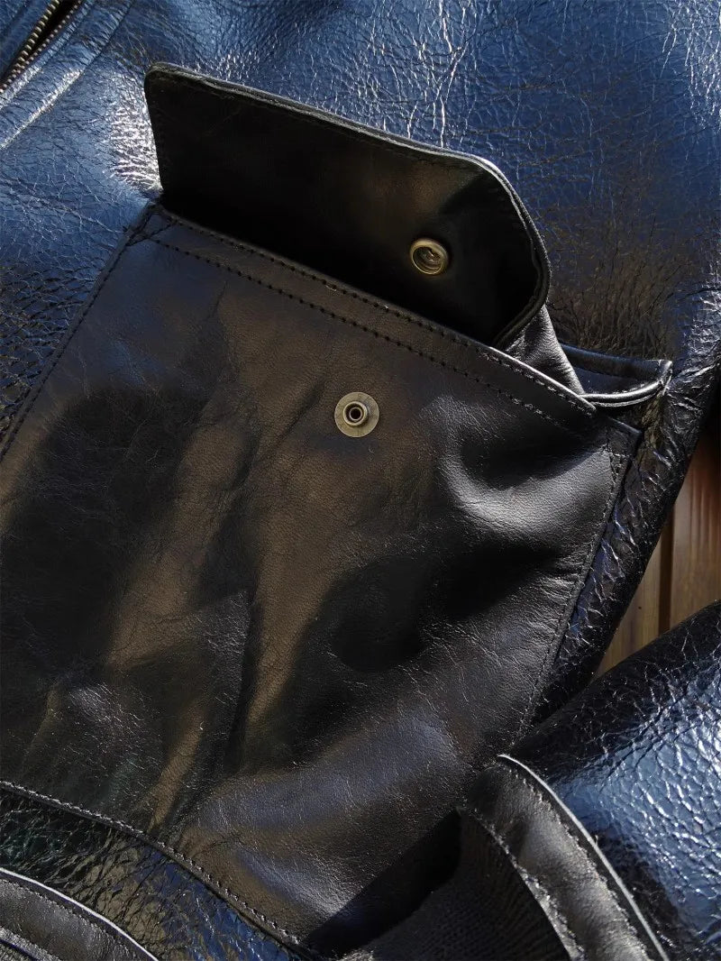 Mens Oil Waxed Sheepskin Motorcycle Short Coat Lapel Winter Real Fur Jackets Warm Wool Lining Genuine Leather Pilot Jacket Male