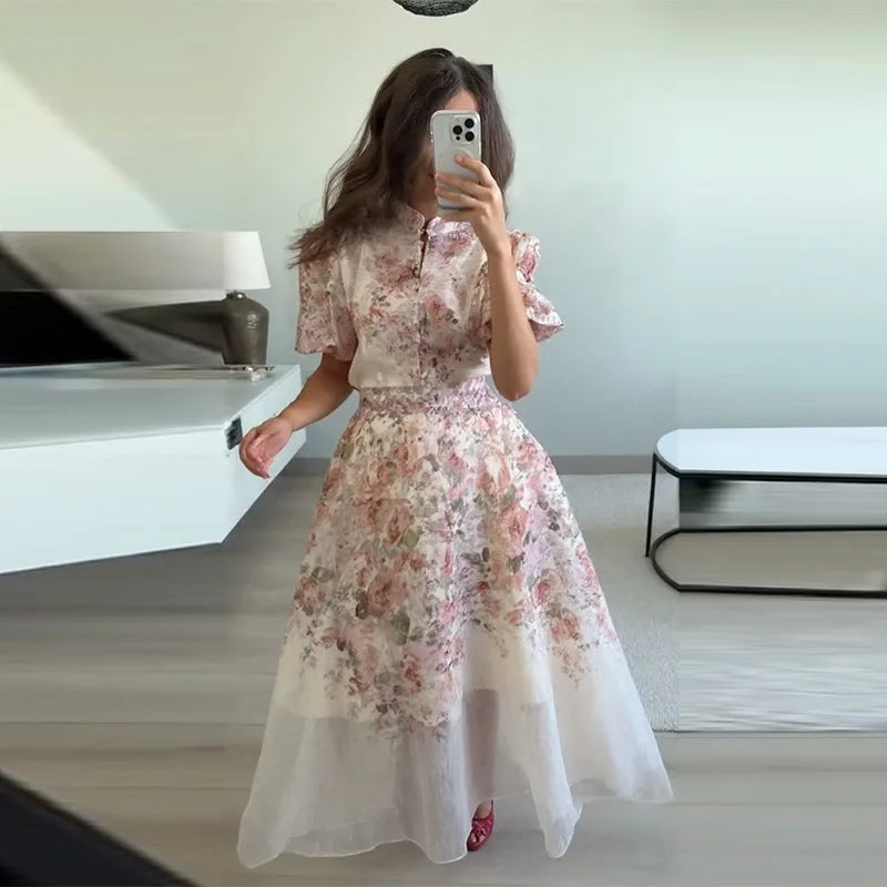 Floral Printed Two-Piece Skirt Set – Loose Full Sleeve Shirt & Pleated Maxi Skirt