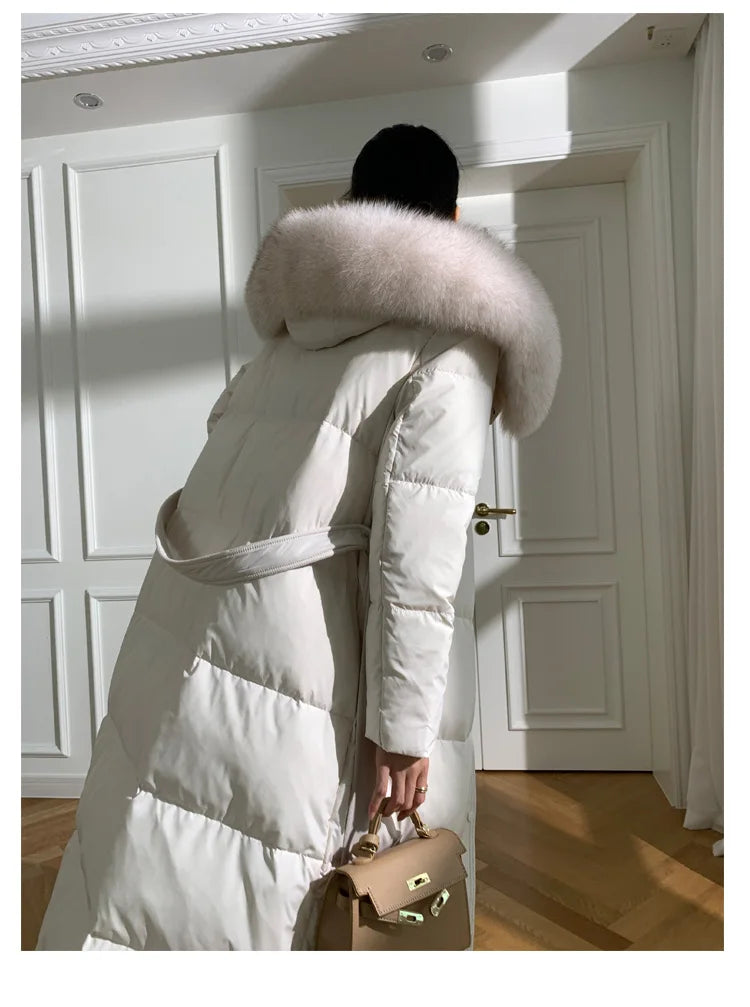 Women’s Luxury White Goose Down Coat – Hooded Long Jacket with Fox Fur Collar & Belt