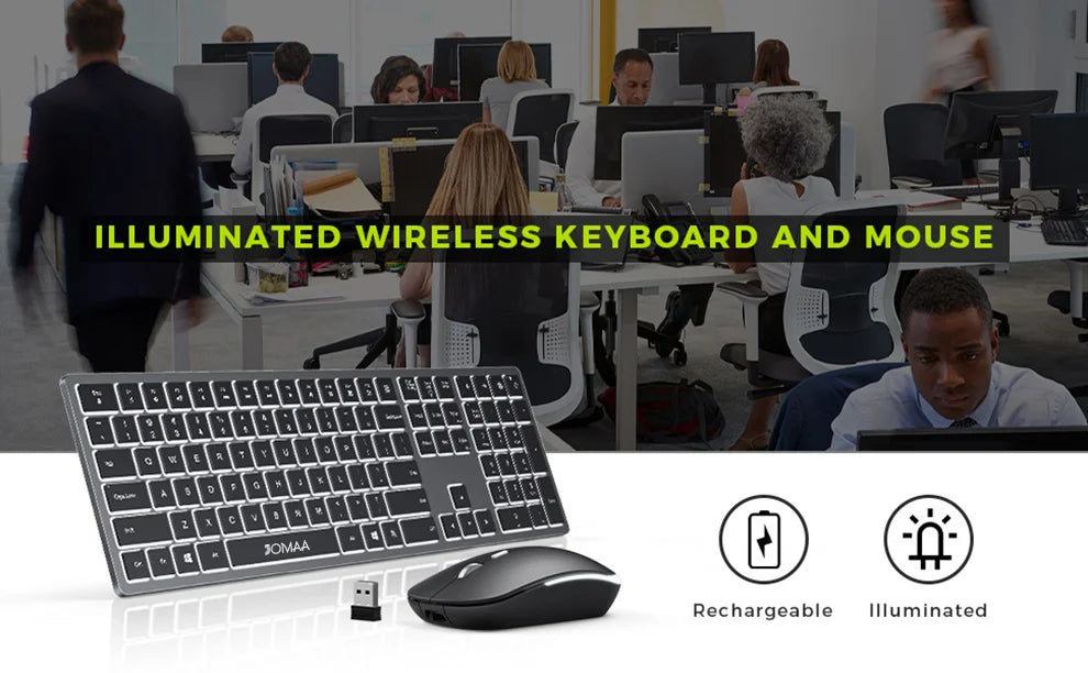 Jomaa Full-Size Backlight Wireless Keyboard and Mouse Combo for Laptop PC USB Silent Click Keyboard Mouse Set Rechargeable Spain