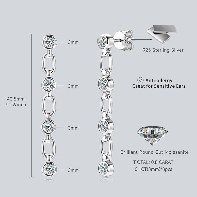 Lnngy 3mm Bezel Moissanite Earrings For Women Exquisite 925 Sterling Silver Long Tassel Earring Wedding Drop Jewelry Gift
