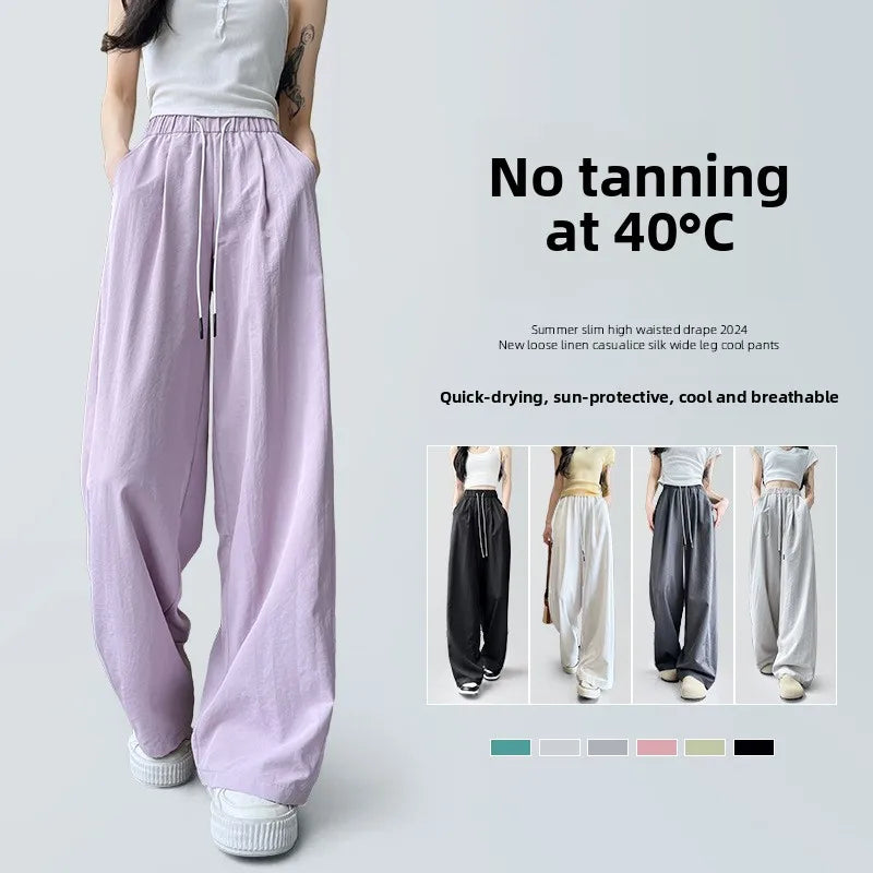 Qui Dry High Waist Wide Leg Knife Sports Pants Women's Thin New 2025 Casual Ice Silk Pants Spring Summer