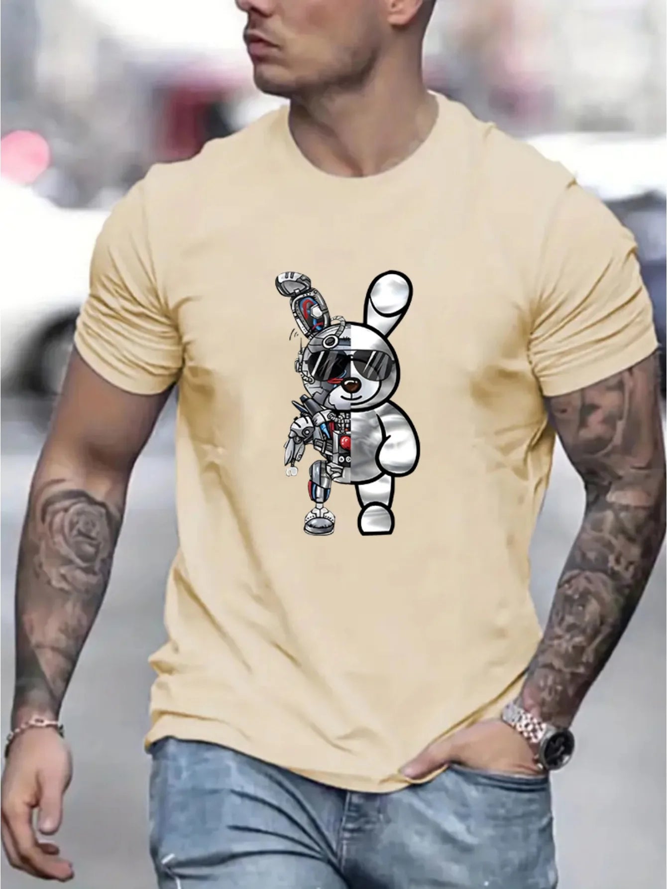 Men's summer 100 cotton fashionable casual loose cartoon mechanical Robot 🤖 Rabbit pattern printed round neck short sleeved T-shirt top