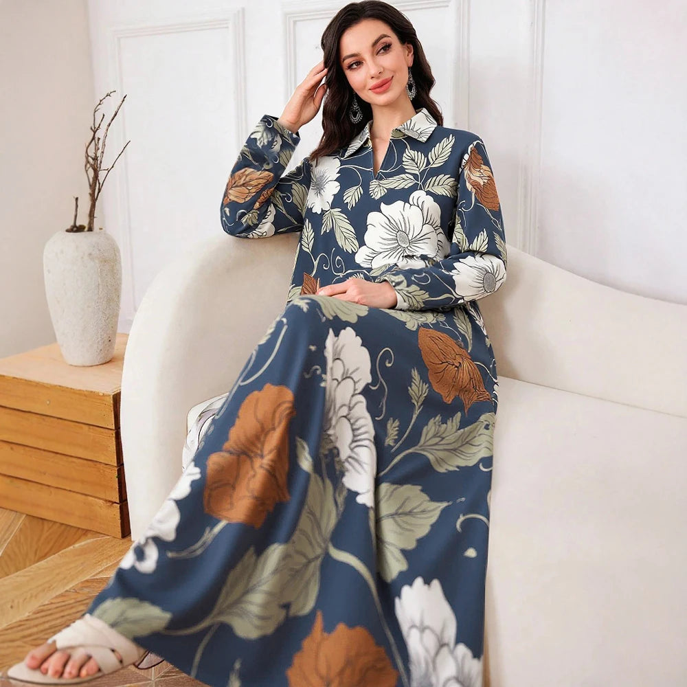 Rafiah Women's Summer Long Dress 2025 Arabian Dress Daily Basic V-Neck Long Sleeve A-Line Maxi Flower Print Casual Dress