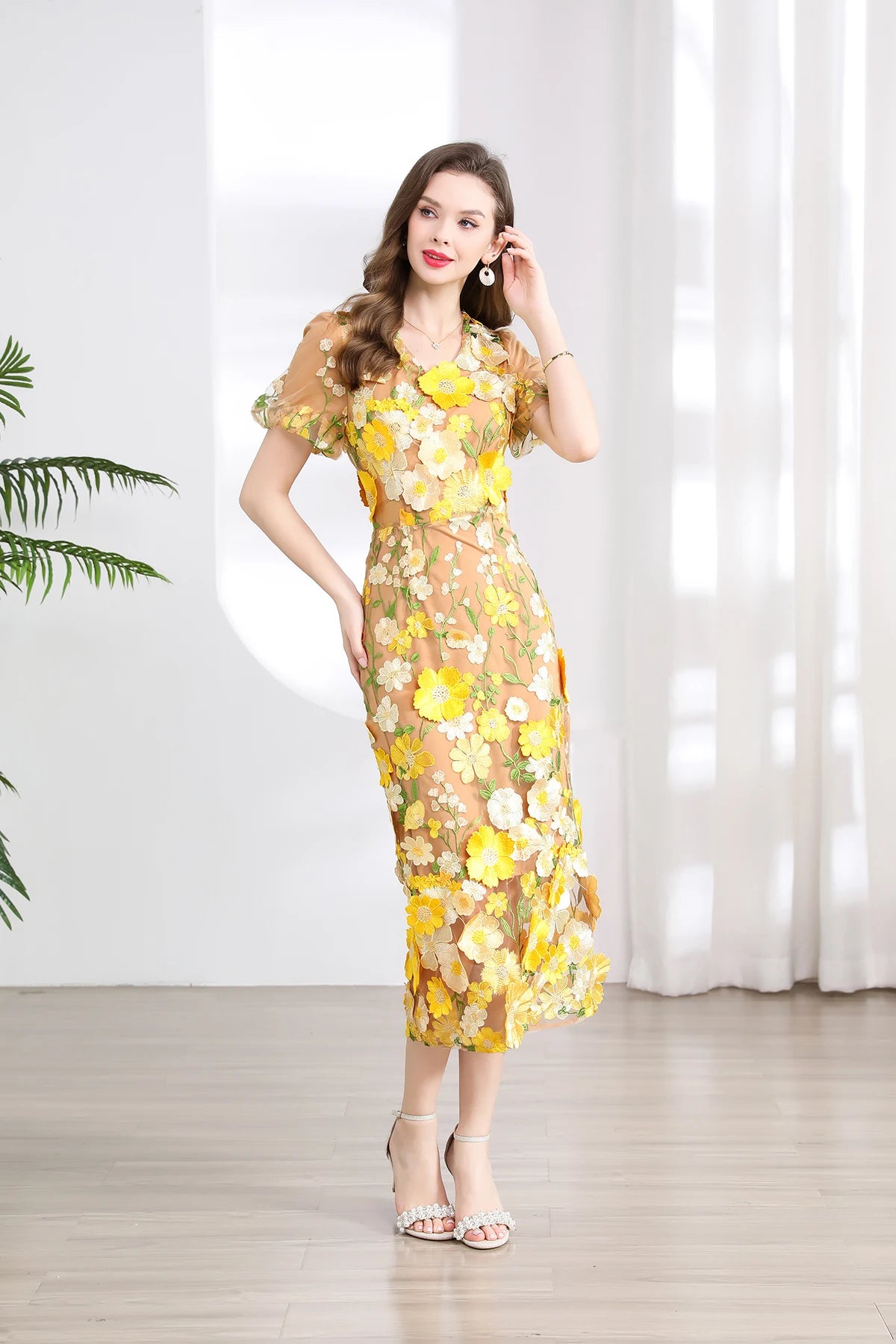 Summer High-end Embroidery Lace Prom Dress Women French Luxury 3D Flower Short Sleeve Long Dress Party Bodycon Holiday Vestido