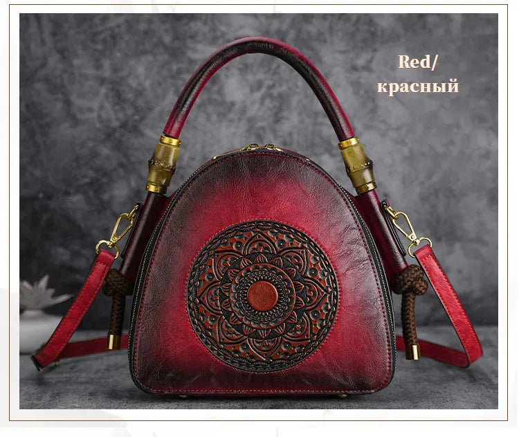 MOTAORA Bamboo Top Handle Embossed Leather Shoulder Bag, Vintage Bohemian Crossbody Purse for Women Handmade Large Capacity Tote