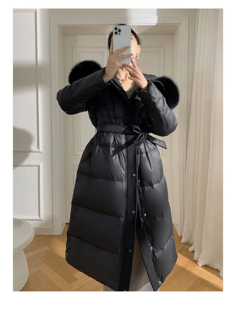 Women’s Luxury White Goose Down Coat – Hooded Long Jacket with Fox Fur Collar & Belt
