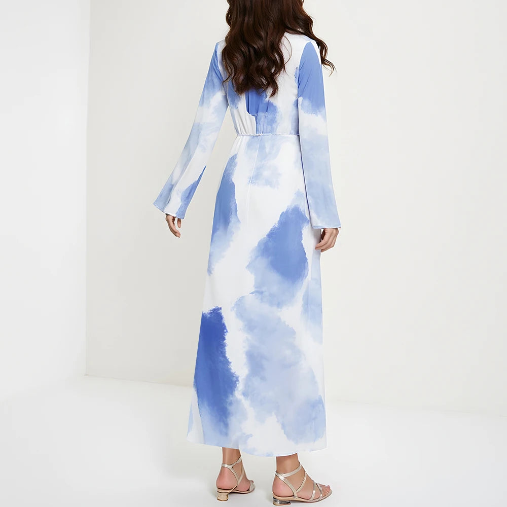 Rafiah Women's Summer Dress Elegant Ventilate Contrast Color Long Sleeve Plunge Neck Midi A-line Vacation Arabian Dress